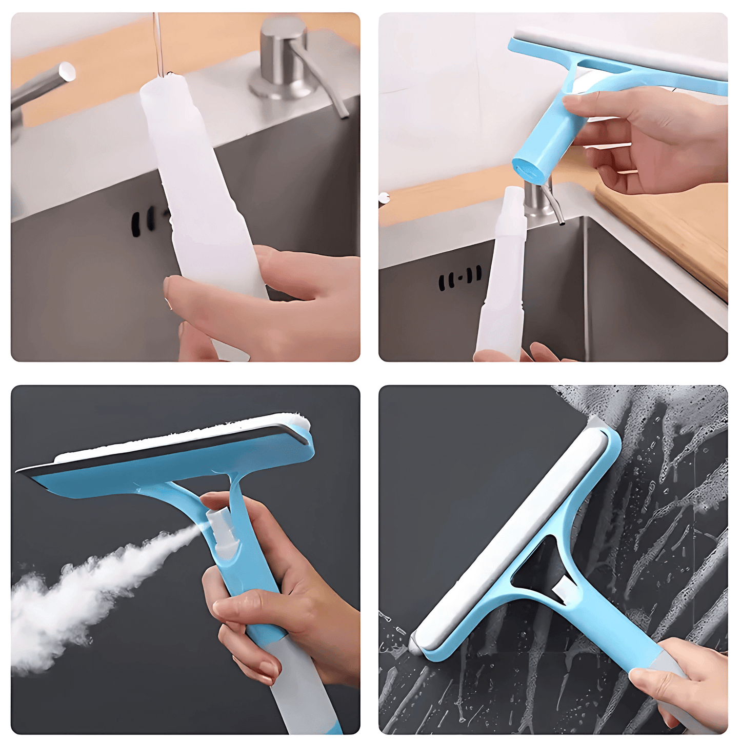 GlassGlide – 3-in-1 Window Cleaner with Spray, Sponge, and Rubber Blade for Home and Car